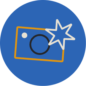 Camera icon with orange outline, black lens, and white flash on blue circle.