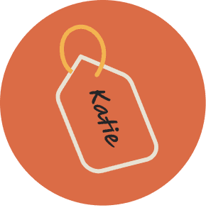 Illustration of an orange luggage tag with the name 'Katie' written on it.