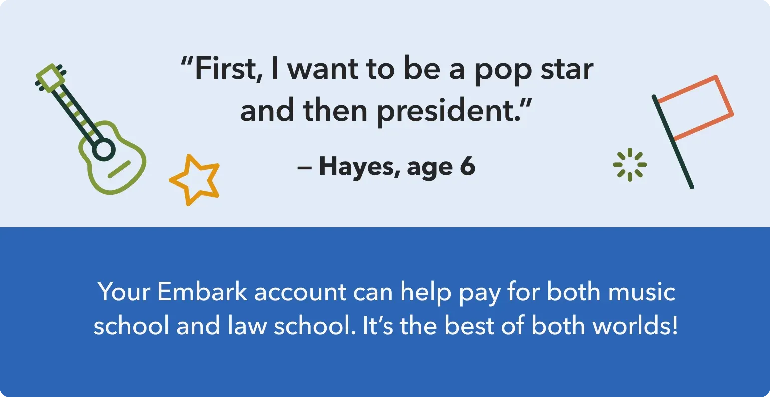 Child's quote: 'Pop star, then president.' Embark account funds diverse education.