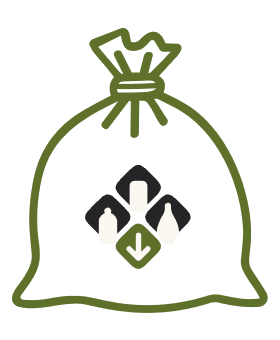 Green drawstring bag icon with white bottles and a downward arrow, symbolizing collection or recycling.
