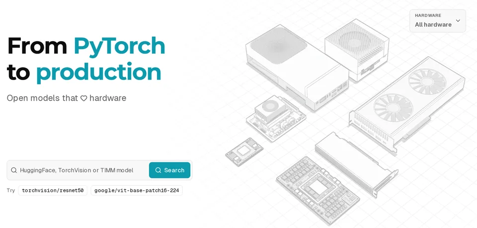 Figure 1. The start page at embedl.com: one field for any Hugging Face, torchvision or timm model id, next to the hardware it will run on.