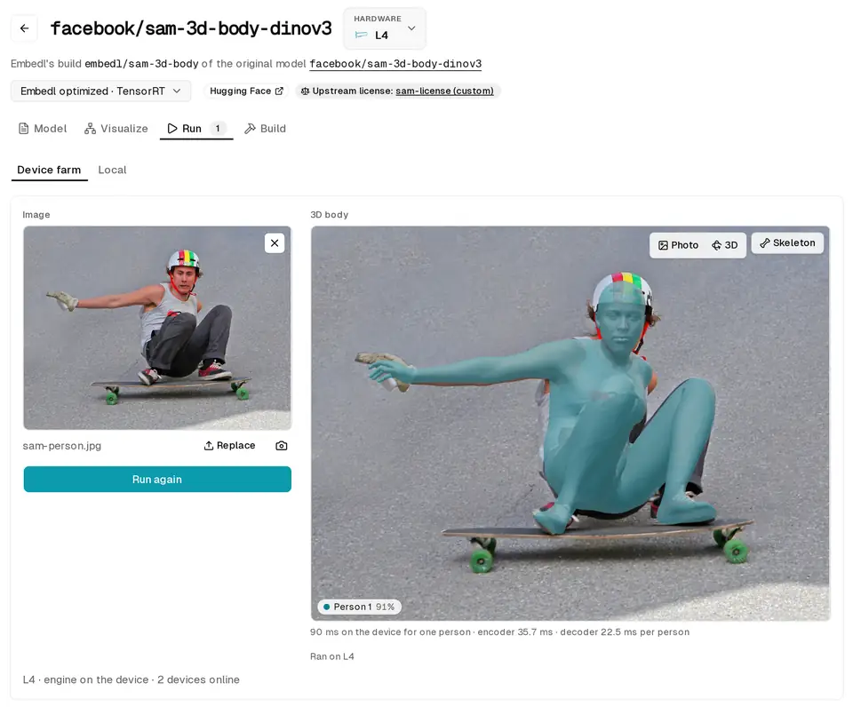 Figure 3. The Run tab for SAM 3D Body on an NVIDIA L4 in Embedl’s device farm: one photo in, the person recovered as a 3D body mesh in 90 milliseconds on the device, with Embedl’s optimized TensorRT build.