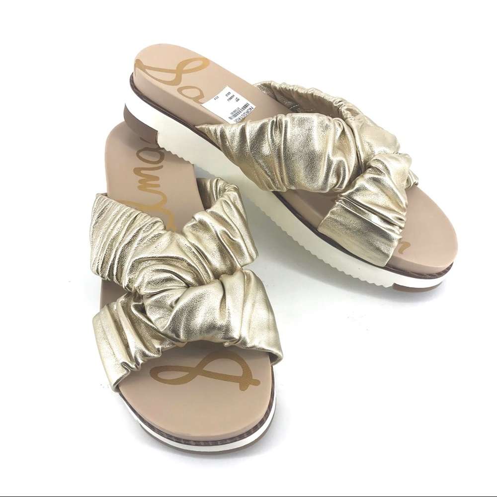 Sam Edelman Gold Ruched Cross Strap Slip On Sandals sz 7.5