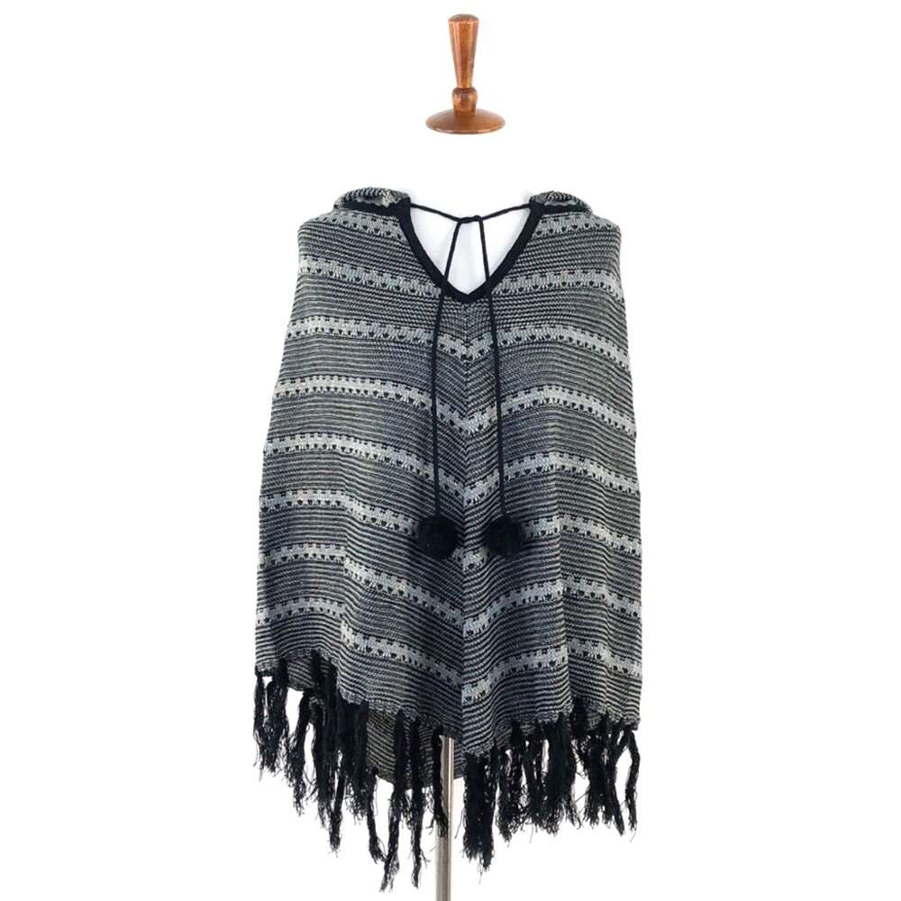 BCBGMaxAzria Black Gray Hooded Knit Poncho SZ S M Embrace Sisu