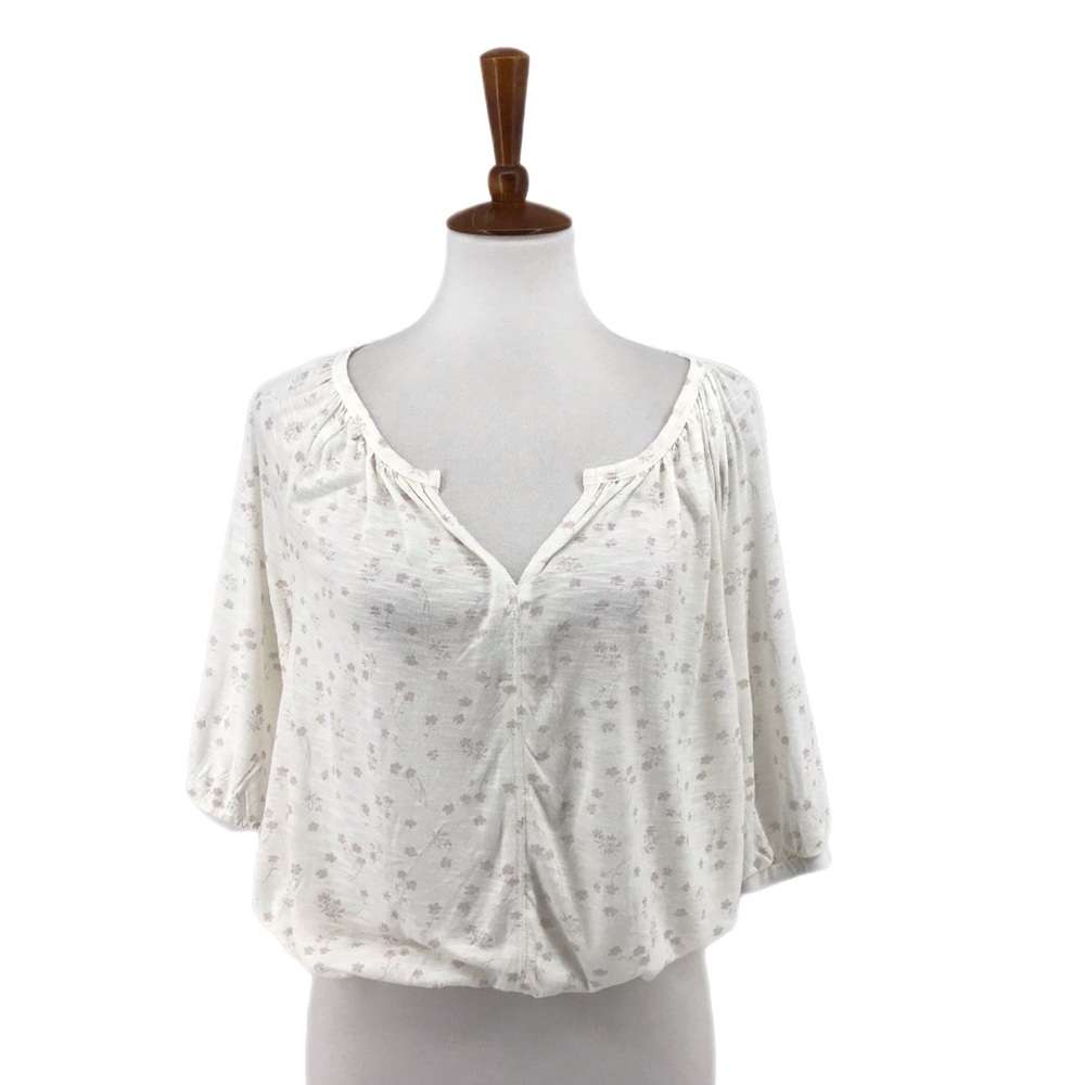 Lucky Brand Women's White Floral Ruffle V-Neck Pullover Blouse Top