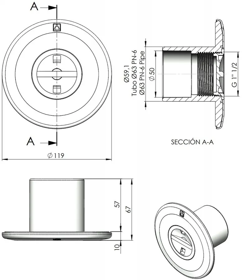 AstralPool vacuum threaded nozzle for concrete pools, White — view 2 of 2