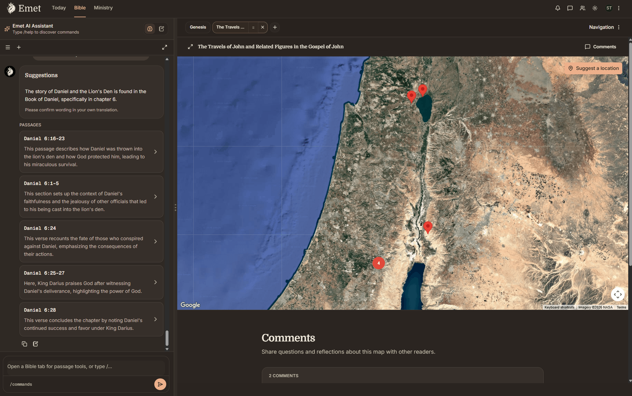 Emet Bible workspace with Emet AI assistant passage suggestions and a map of Gospel locations