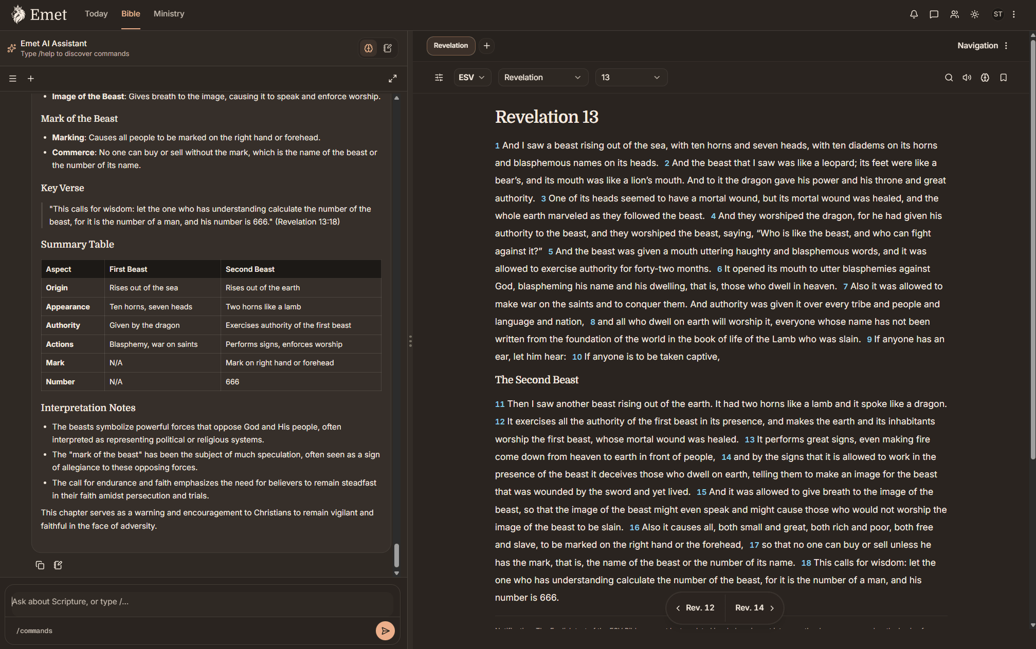 Emet AI assistant study guide for Revelation 13 beside the ESV Bible reader