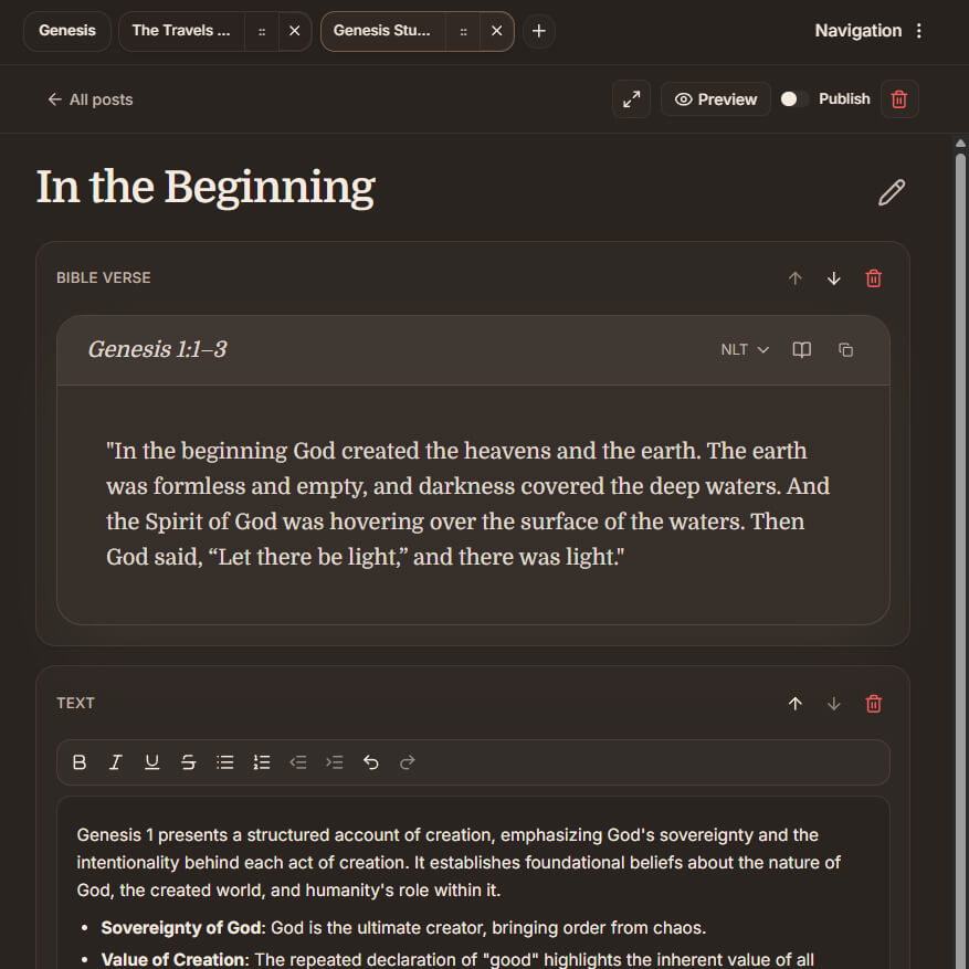 Emet journal editor with a Bible verse block and structured study notes for Genesis 1