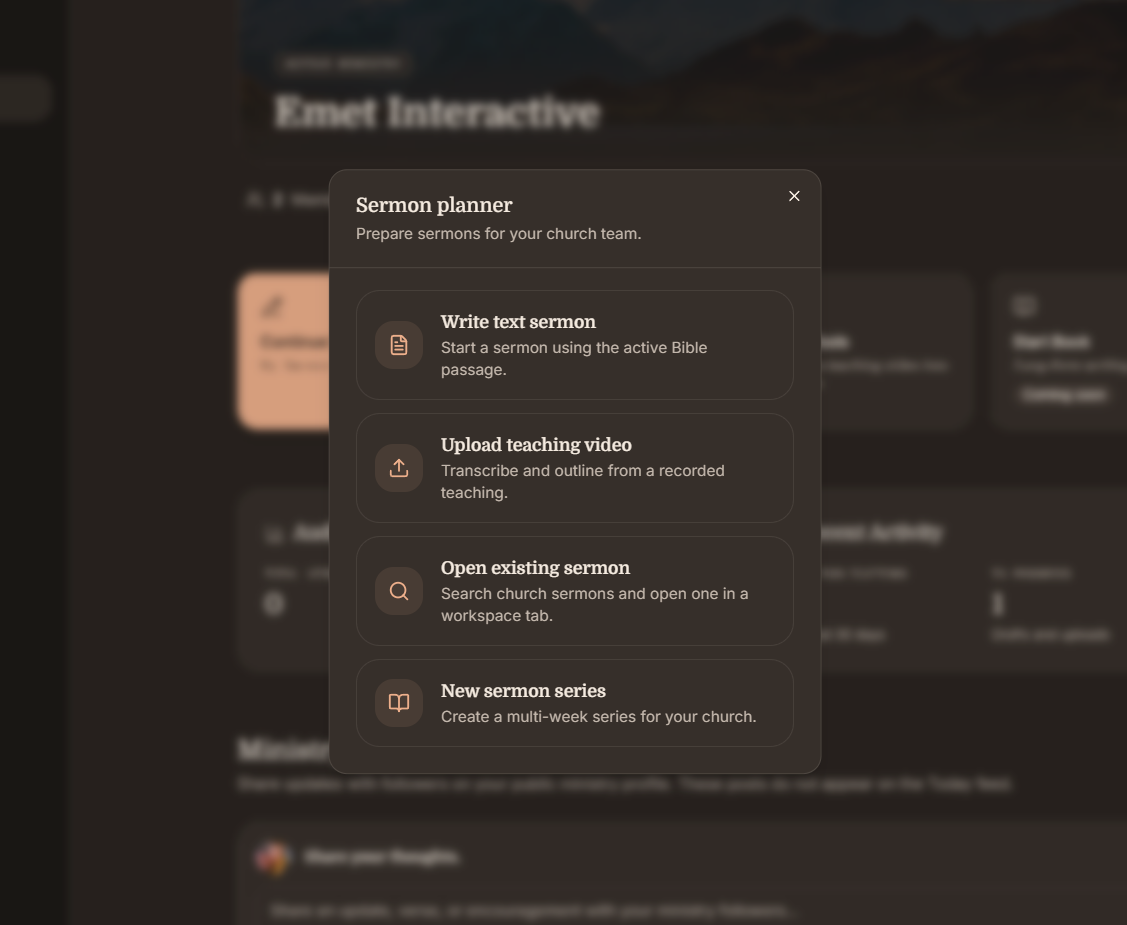 Sermon planner chooser with options to write, upload video, open, or start a series