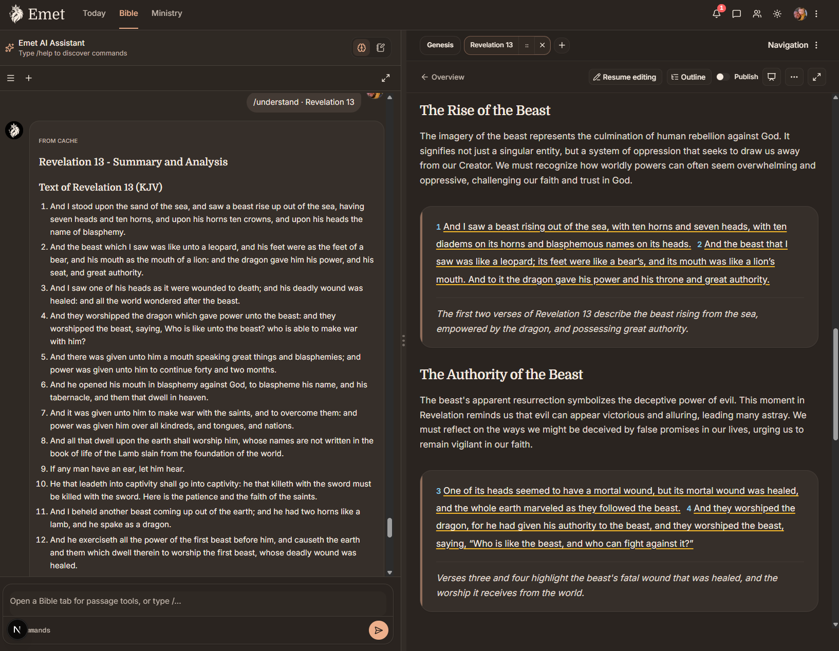 Sermon editor workspace showing Revelation 13 with scripture blocks and outline tools