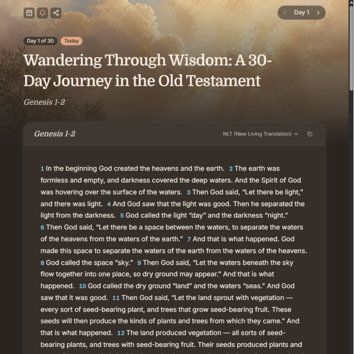 Emet reading plan for Day 1 of 30 with Genesis 1-2 scripture in the NLT translation