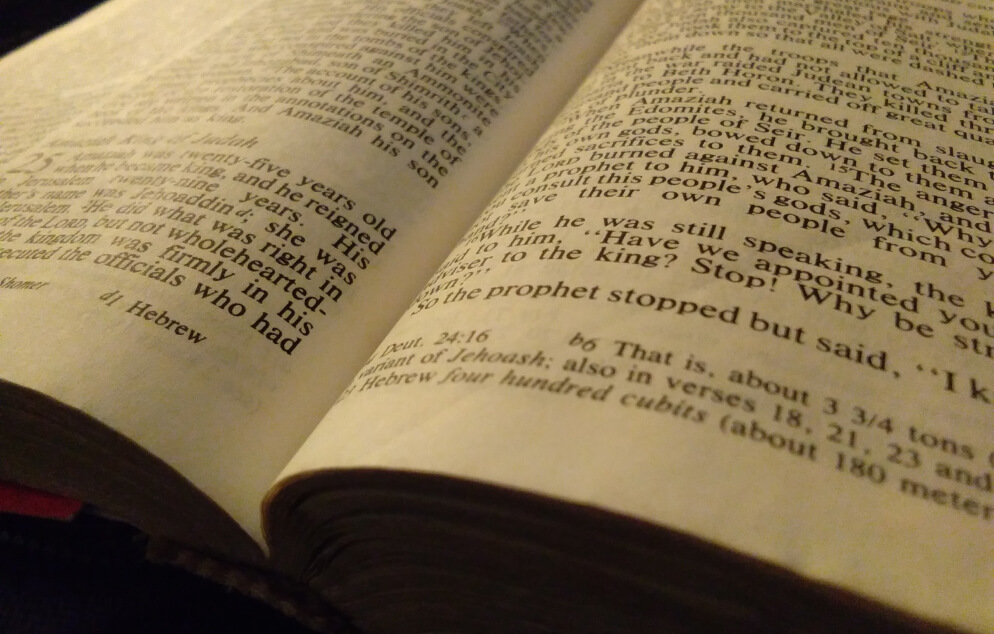 Open Bible pages in warm light