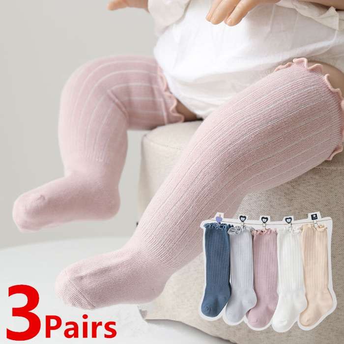 Coche Karu alivio Calcetines hasta la rodilla para bebé, niño y niña, medias largas de  algodón sólido con volantes,