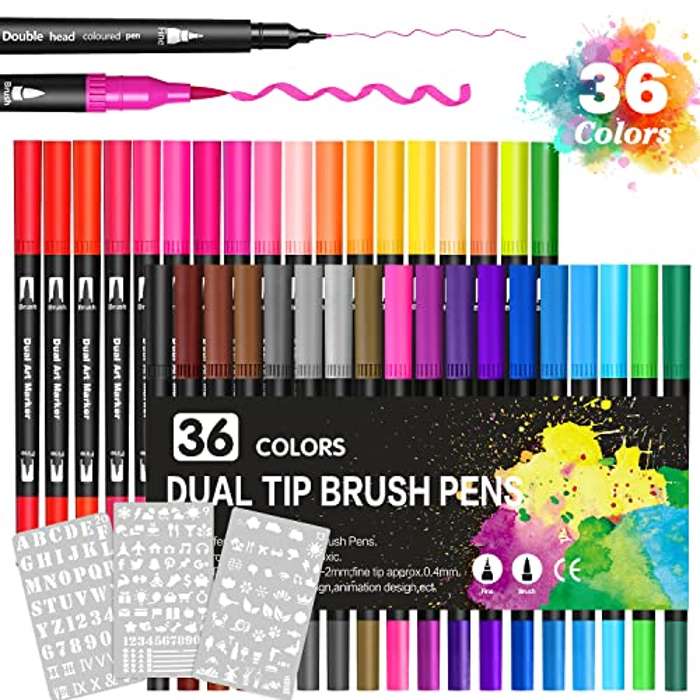 Dvifzu Rotuladores Lettering 36 Colores, Profesionales Pincel Doble Punta  Fina Gruesa, Rotuladores Acuarelables y 3 Plantillas