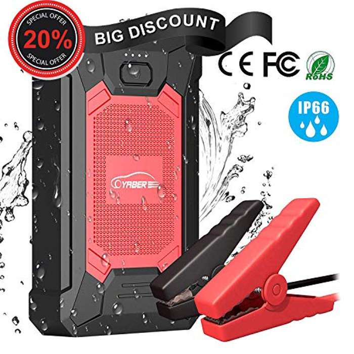 YABER Arrancador de Coches 12000mAh, 600A IP66 Impermeable Jump Starter  Batería para Emergencias de QC 3.0 con Pinzas Inteligente, para 4L / 190HP  Gasolina o Diesel 2L / 95HP (3 Modos Linterna LED)