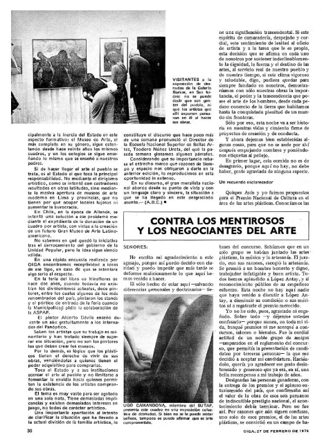 Nuñez Ureta, Teodoro. "Contra los mentirosos y los negociantes del arte." Oiga, Lima, 27 de febrero de 1976, 30-32