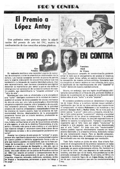 Palacios, Ciro y Francisco Abril de Vivero. "Pro y Contra: El Premio a López Antay." Equis: el semanario del pueblo peruano, no. 19 (22 de enero de 1976): 20