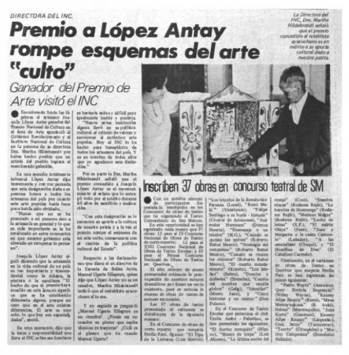 "Premio a López Antay rompe esquemas del arte ‘culto’: ganador del premio de arte visitó el INC." La Crónica, Lima, 31 de diciembre de 1975