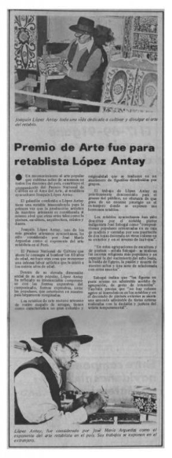 "Premio de arte fue para retablista López Antay." La Crónica, Lima, 26 de diciembre de 1975