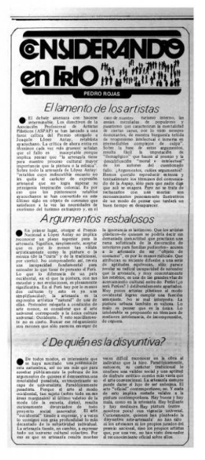 Rojas, Pedro [Mirko Lauer y Abelardo Oquendo]. "Considerando en frio."  La Crónica, Lima, 7 de enero de 1976, p. 8
