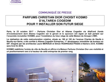 PARFUMS CHRISTIAN DIOR CHOISIT KOSMO D’ALTAREA COGEDIM POUR Y INSTALLER SON FUTUR SIÈGE