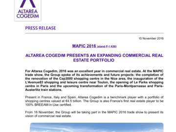 MAPIC 2016 - ALTAREA COGEDIM PRESENTS AN EXPANDING COMMERCIAL REAL ESTATE PORTFOLIO