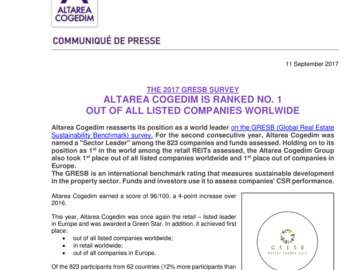 ALTAREA COGEDIM IS RANKED NO. 1 OUT OF ALL LISTED COMPANIES WORLDWIDE