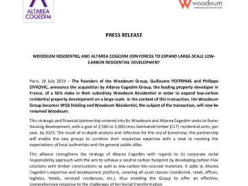 WOODEUM RESIDENTIEL AND ALTAREA COGEDIM JOIN FORCES TO EXPAND LARGE-SCALE-LOW-CARBON RESIDENTIAL DEVELOPMENT