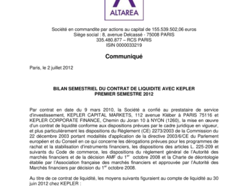 Bilan semestriel au 30 juin 2012 du contrat de liquidité passé avec Kepler