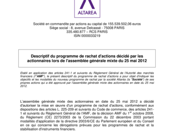 Descriptif du programme de rachat d’actions décidé par l’AG du 25 mai 2012