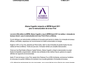 15/03/2011 - Altaréa Cogedim remporte un MIPIM Award 2011 pour la Tour First