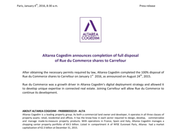 Altarea Cogedim announces completion of full disposal of Rue du Commerce shares to Carrefour