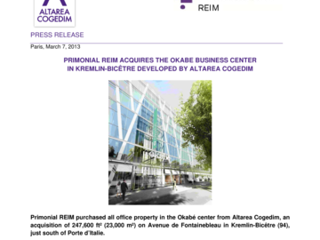 PRIMONIAL REIM acquires the Okabé business center from ALTAREA COGEDIM