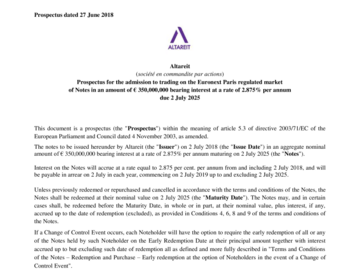 ALTAREIT - Prospectus d’admission d’obligations cotées pour un montant de 350 millions d'euros (en anglais)