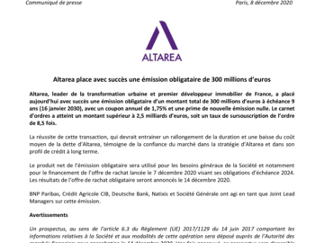 Altarea place avec succès une émission obligataire de 300 millions d'euros