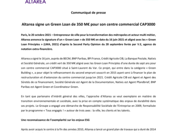 Altarea signe un Green Loan de 350 M€ pour son centre commercial CAP3000