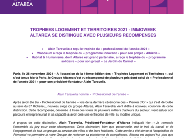 Trophées Logement et Territoires 2021 Immoweek : Altarea se distingue avec plusieurs récompenses