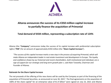 Altarea announces the success of its €350 million capital increase  to partially finance the acquisition of Primonial
