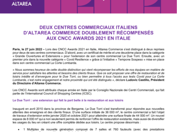 Deux centres commerciaux italiens d'Altarea Commerce doublement récompensés aux CNCC Awards 2021 en Italie