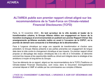 ALTAREA publie son premier rapport climat aligné sur les recommandations de la Task-Force on Climate-related Financial Disclosures (TCFD)