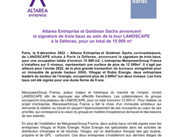 Altarea Entreprise et Goldman Sachs annoncent  la signature de trois baux au sein de la tour LANDSCAPE  à la Défense, pour un total de 15 000 m²