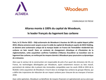 Altarea monte à 100% du capital de Woodeum, le leader français du logement bas carbone