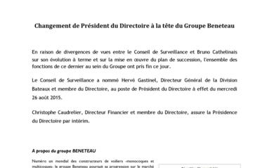 2015-07-28 : BENETEAU : Changement de Président du Directoire à la tête du Groupe Bénéteau