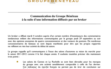 2011-10-06 : Communication du Groupe BENETEAU à la suite d'une information diffusée par un broker