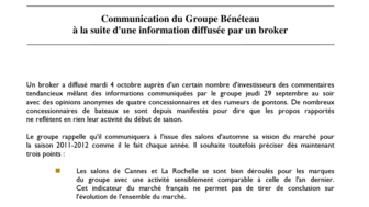 2011-10-06 : Communication du Groupe BENETEAU à la suite d'une information diffusée par un broker
