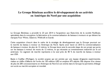 2014-06-23 : Le Groupe BENETEAU accélère le développement de ses activités en Amérique du Nord par une acquisition