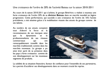 2011-09-06 : Groupe BENETEAU : une croissance de 20% de l'activité Bateau sur la saison 2010-2011