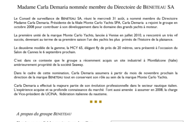 2011-09-02 : Madame Carla Demaria nommée membre du Directoire de BENETEAU SA