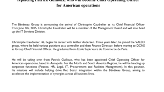 2015-06-02 : Christophe Caudrelier appointed Beneteau Group Chief Financial Officer, replacing Patrick Guilloux, who will become COO for American operations